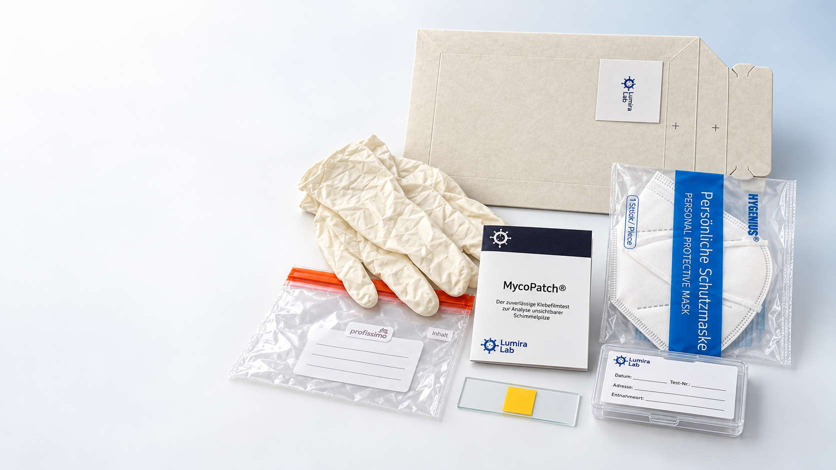 KI-generierte Querformatansicht des MycoPatch-Sets in heller Studioanordnung.