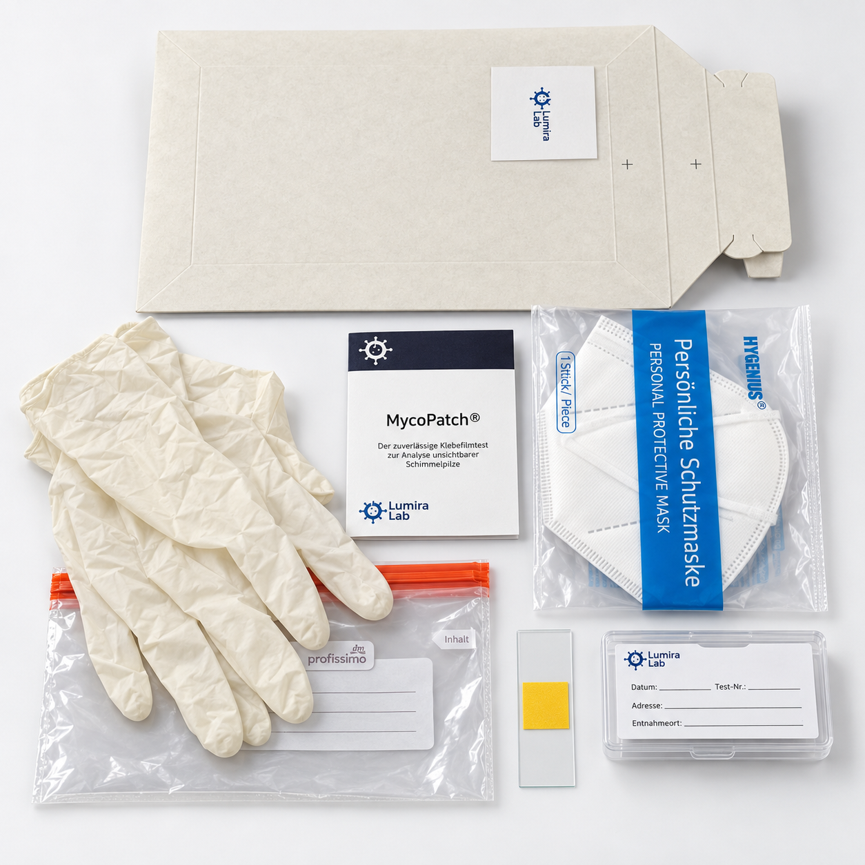 KI-generierte Studioansicht des MycoPatch-Sets auf hellem Hintergrund.